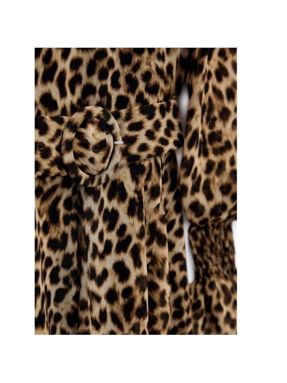 ZARA Leopard Animal Print Peasant Mini Dress Bishop Sleeves Belted Size NWT - Picture 5 of 7
